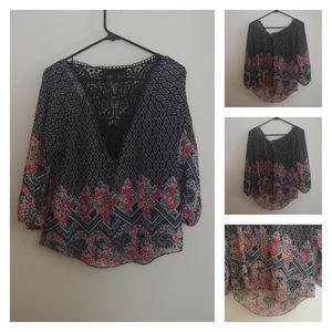 3/4 Sleeve Black Chiffon Boho Blouse